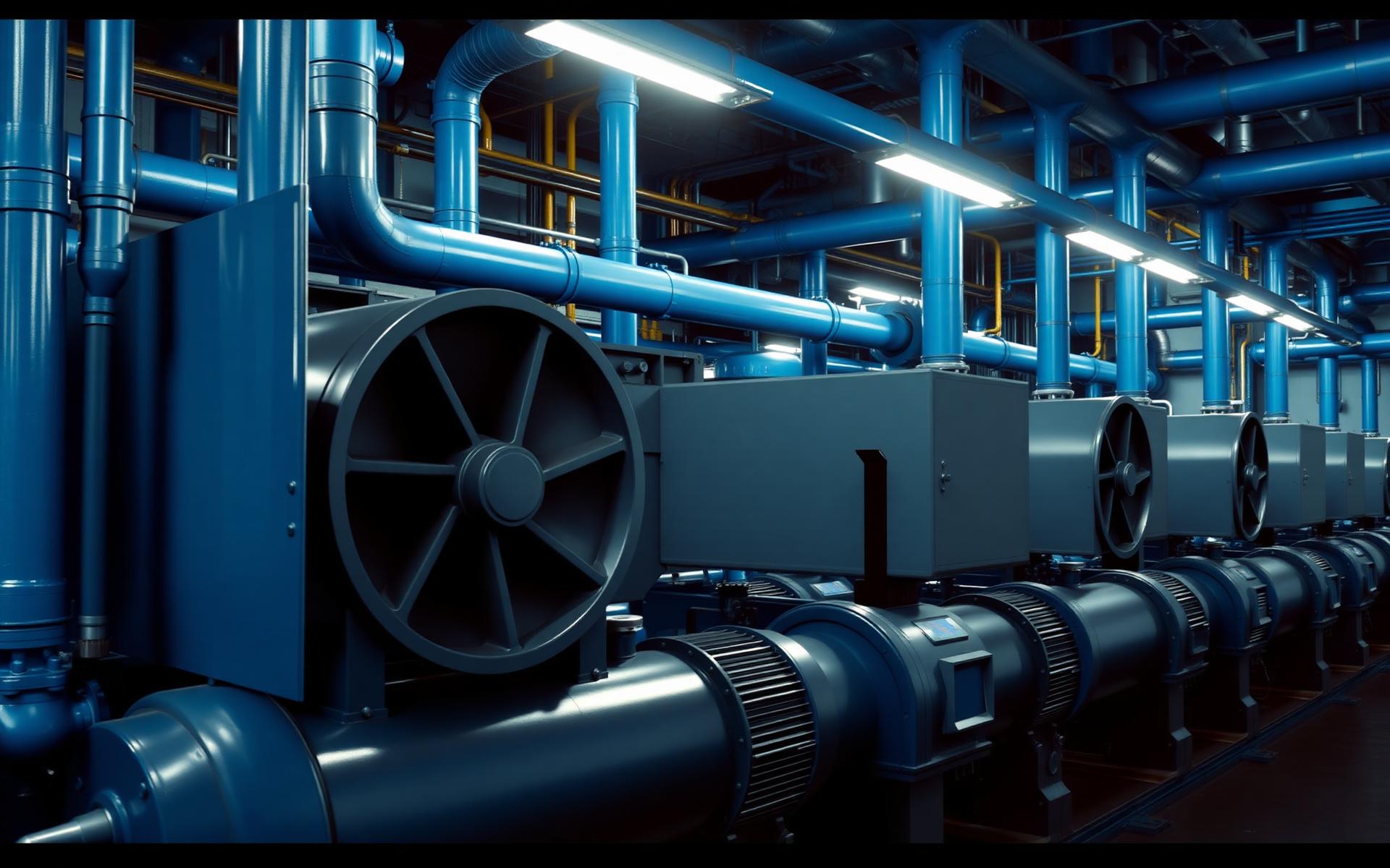 Sala de compressores industriais com tubulação azul de distribuição de ar comprimido